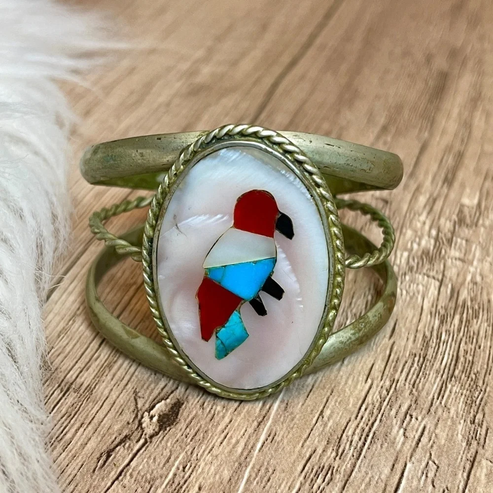 Zuni Turquoise and Coral Inlaid Stone Sterling Silver Bird Cuff Bracelet